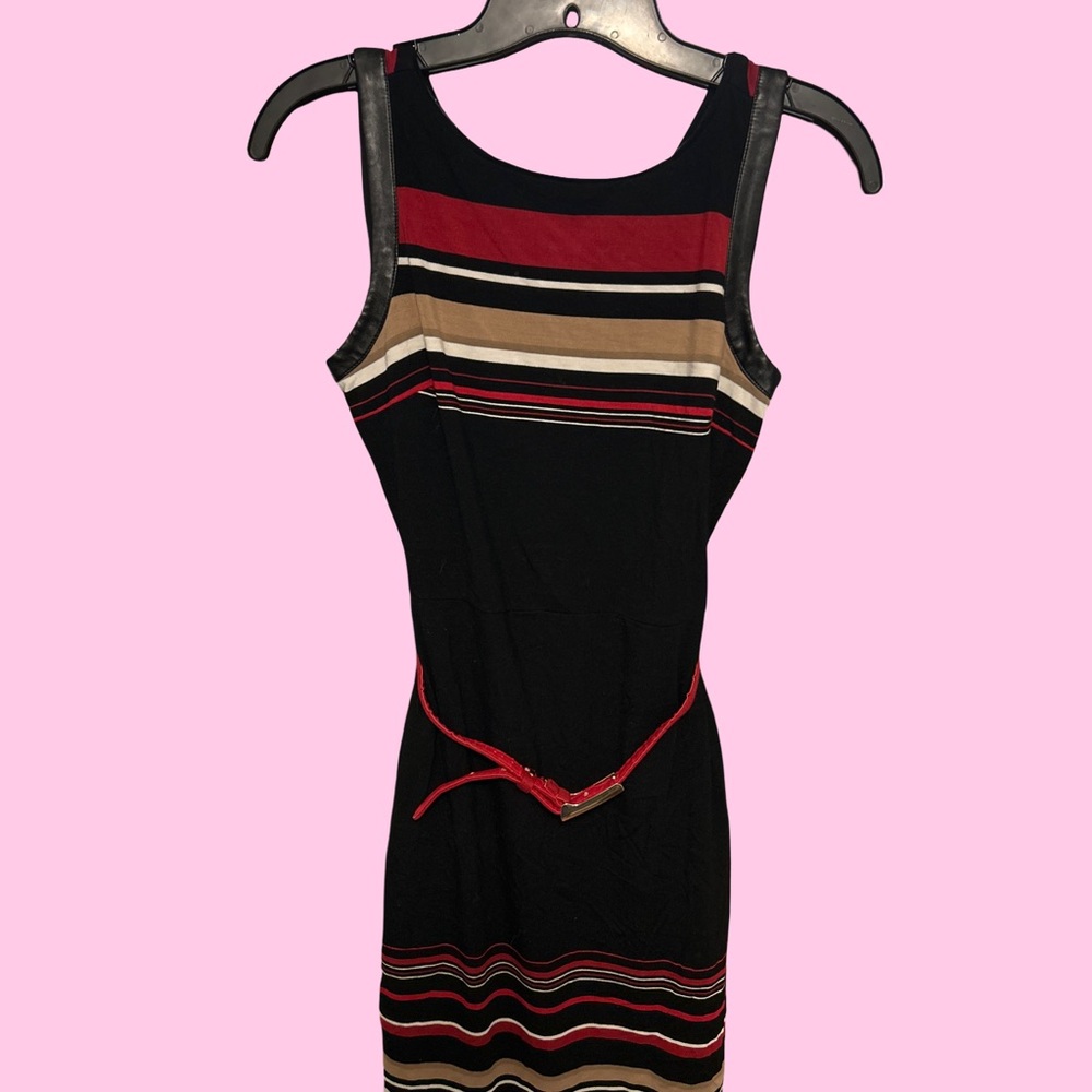 White House Black Market Black and Red Striped Mini Dress with red belt.